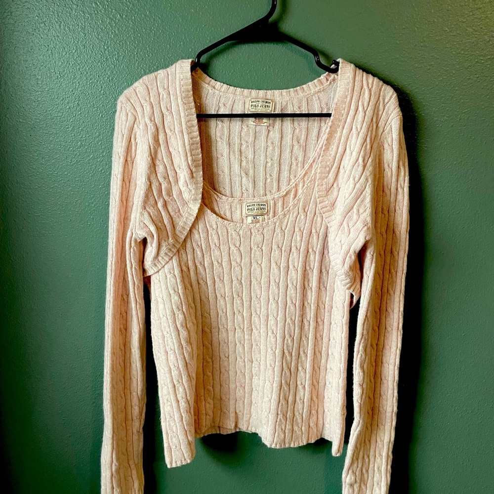 Ralph Lauren Sz XL Cable Knit Sweater Cardigan Tank Set Vtg 80’s Logo